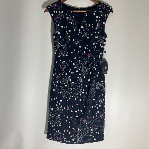 Adrianna Papell Women’s Sleeveless Sheath Floral Dot Print Pleated Dress Size 2. - Picture 7 of 16